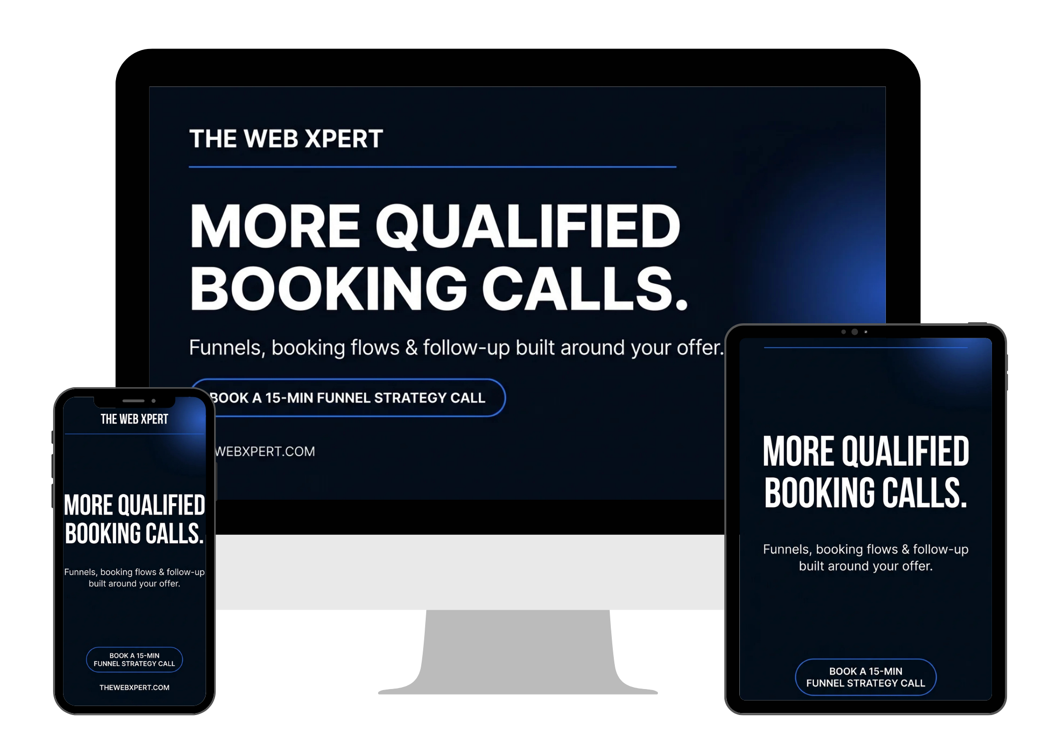 The Web Xpert site preview on desktop, phone, and tablet